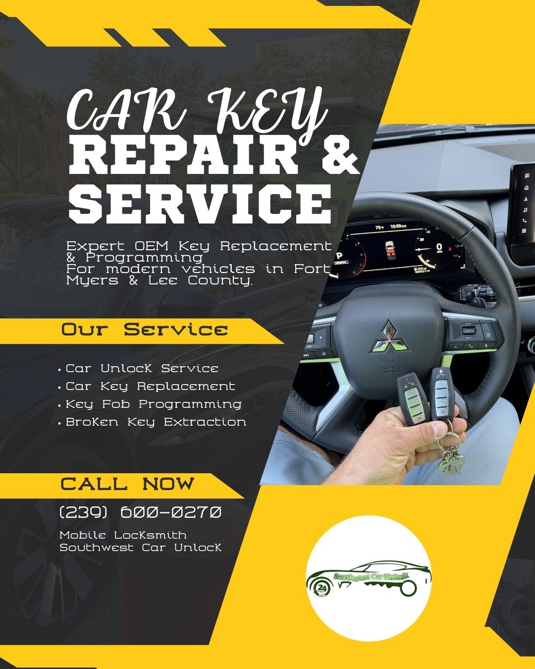 Southwest Car Unlock performing OEM car key replacement and programming inside vehicle in Fort Myers Florida.