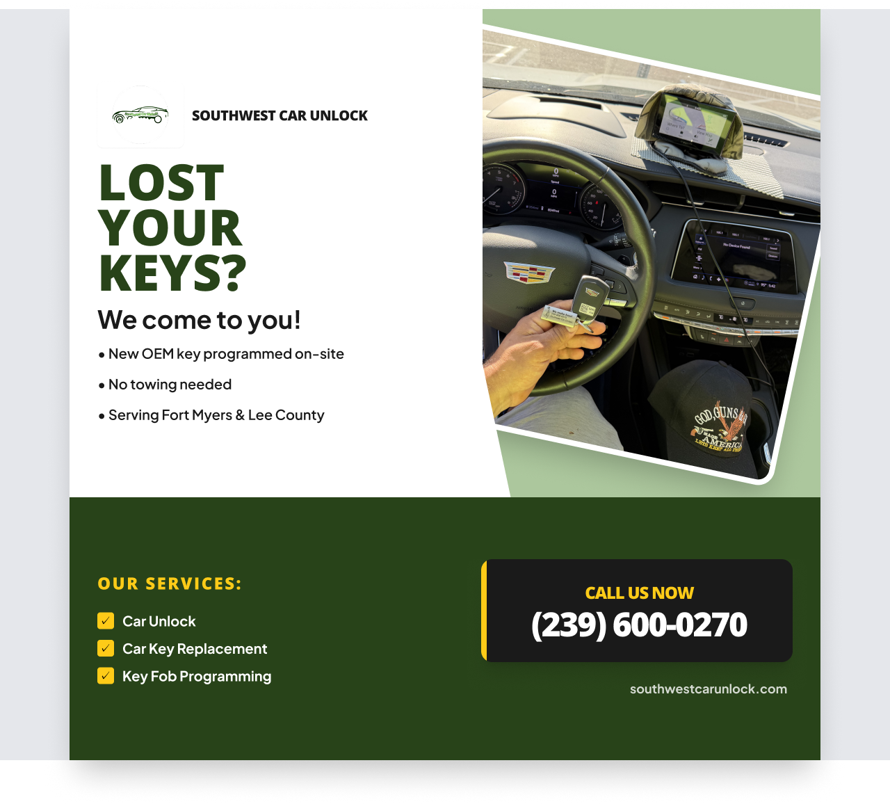 Lost car keys Cadillac OEM key programmed on-site Southwest Car Unlock Fort Myers Lehigh Acres Lee County FL (239) 600-0270 locksmith near me