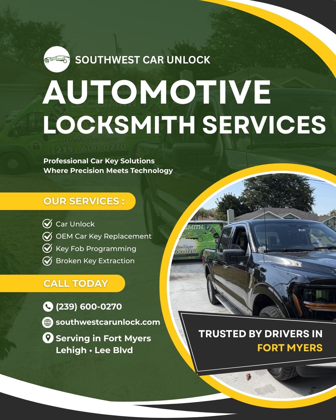 Green locksmith truck in Fort Myers FL – Southwest Car Unlock automotive locksmith service call (239) 600-0270