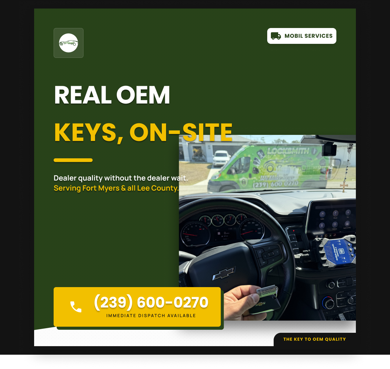 Real OEM car key Chevrolet programmed on-site mobile locksmith Southwest Car Unlock green truck Fort Myers Lee County FL (239) 600-0270 locksmith near me
