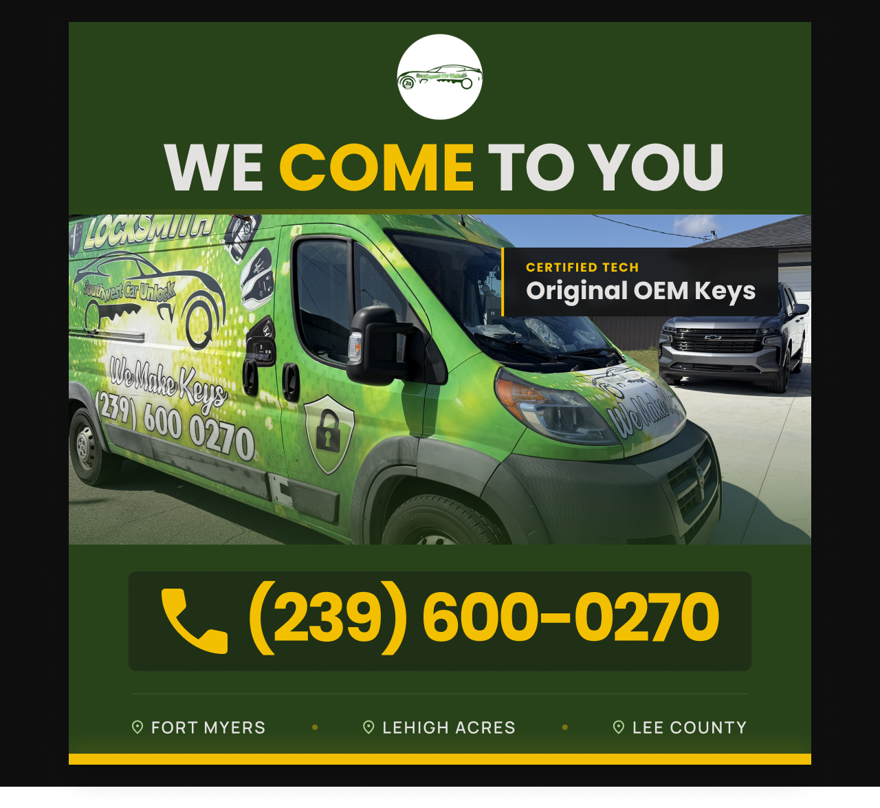 Southwest Car Unlock green mobile locksmith truck certified OEM keys Fort Myers Lehigh Acres Lee County Florida (239) 600-0270 locksmith near me
