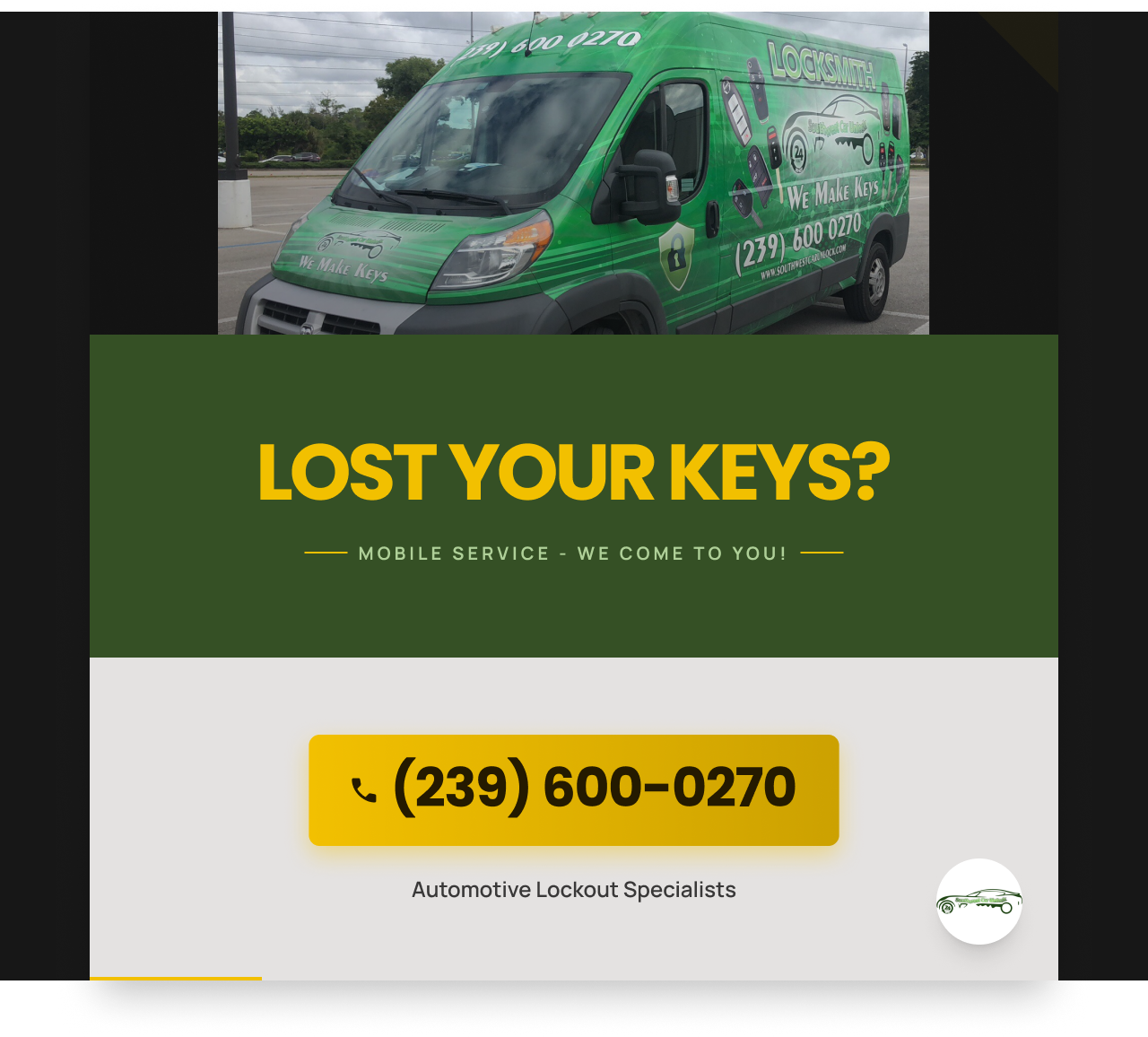 Green locksmith van lost car keys service Fort Myers FL call (239) 600-0270